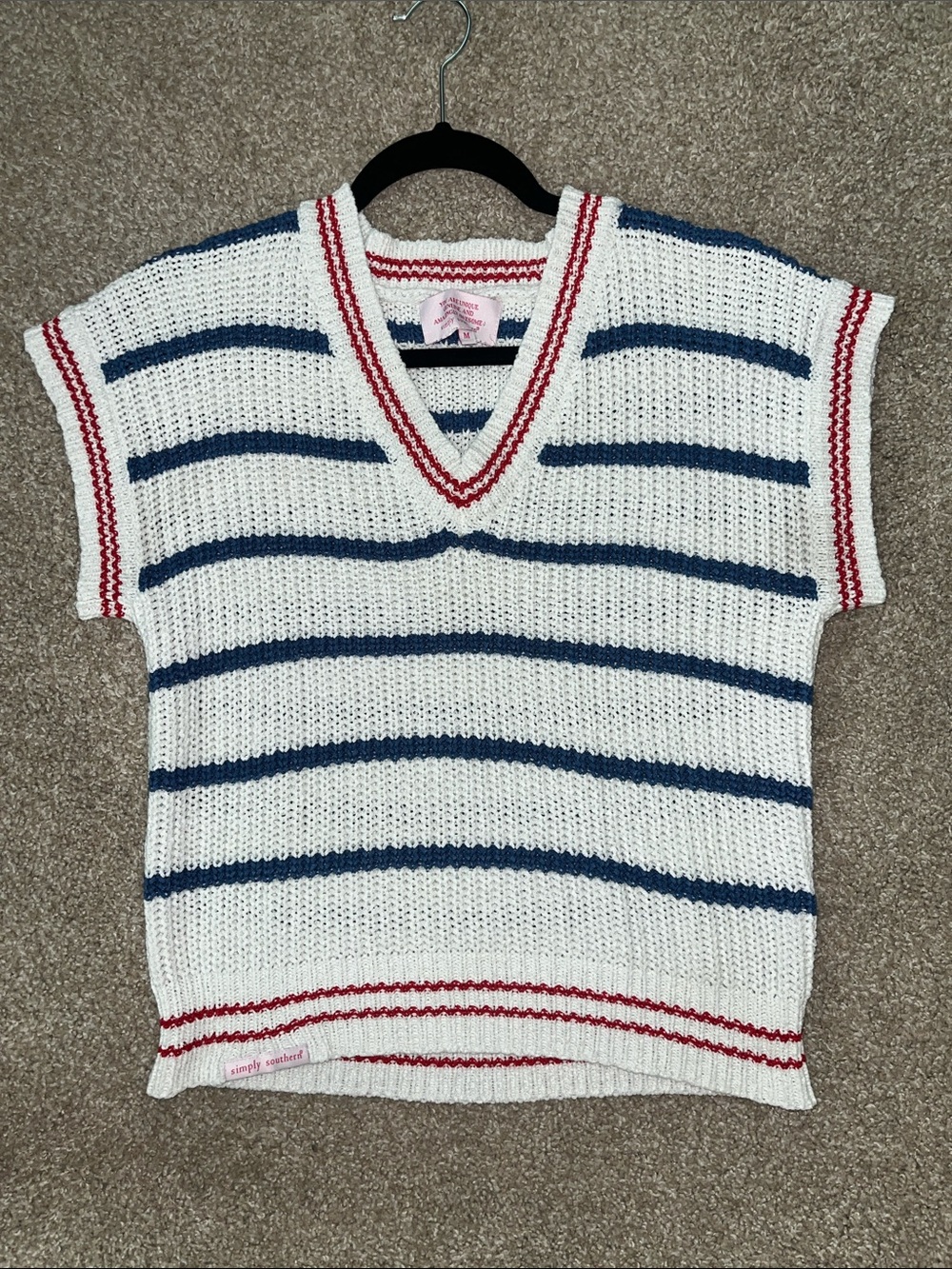 Simply Southern White Striped V-Neck Sweater with Navy & Red Trim